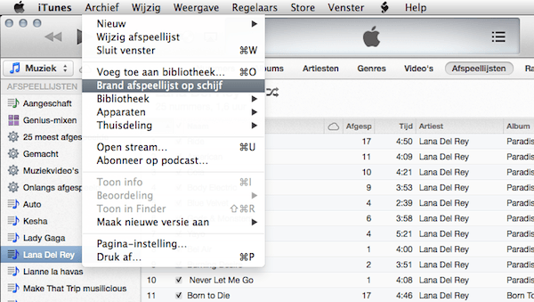 Daarnaast kun je de afspeellijst ook branden via het iTunes scherm zelf, open een afspeellijst en klik in de navigatiekolom op het tandwiel.